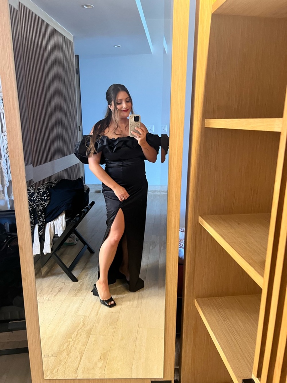 Elegant Black Off-Shoulder Maxi Dress with Ruffle Detail